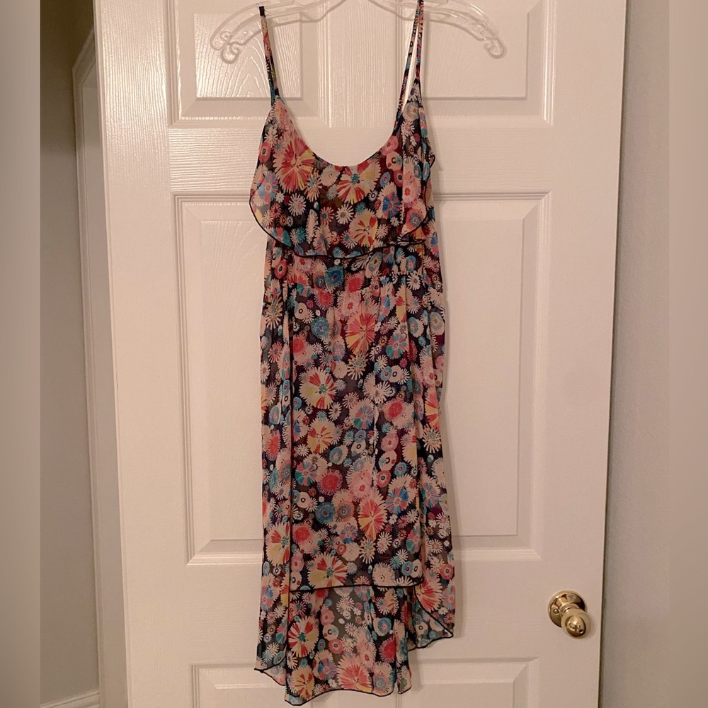 Sheer spaghetti strap ruffled hi-lo dress